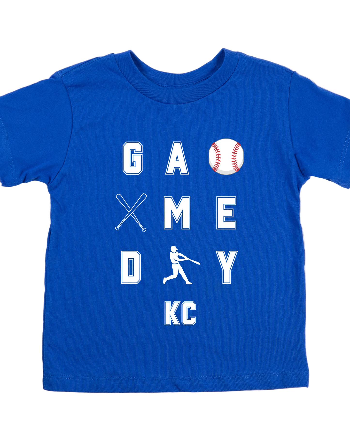 Blue t-shirt with 'Game Day KC' text and baseball graphics on a white background