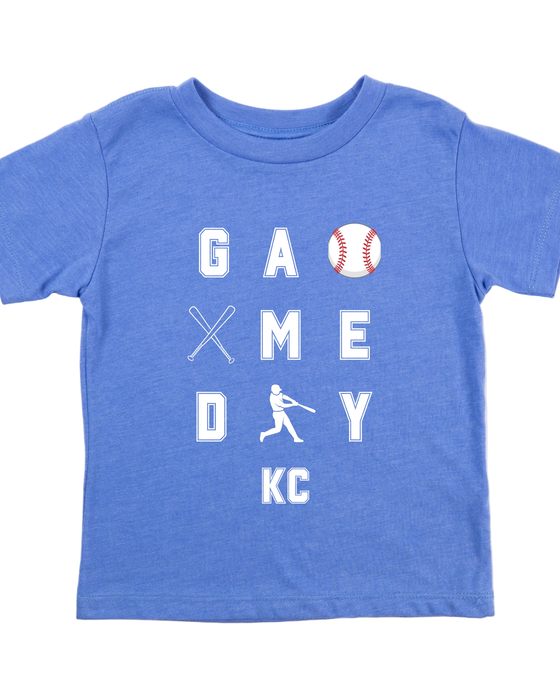 Blue t-shirt with white text KC Baseball and graphics on a white background