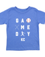 Blue t-shirt with white text KC Baseball and graphics on a white background