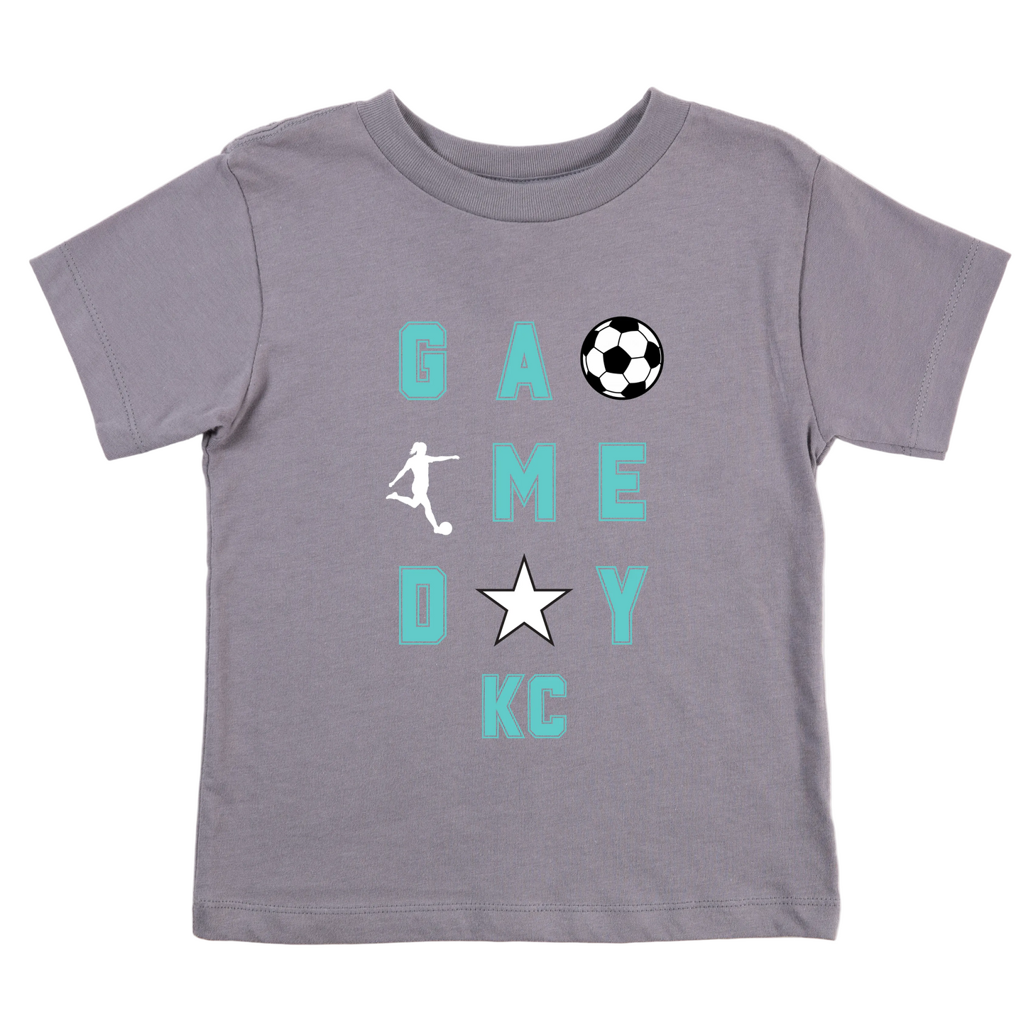 Gray t-shirt with 'Game Day KC' text and soccer ball graphic on a white background