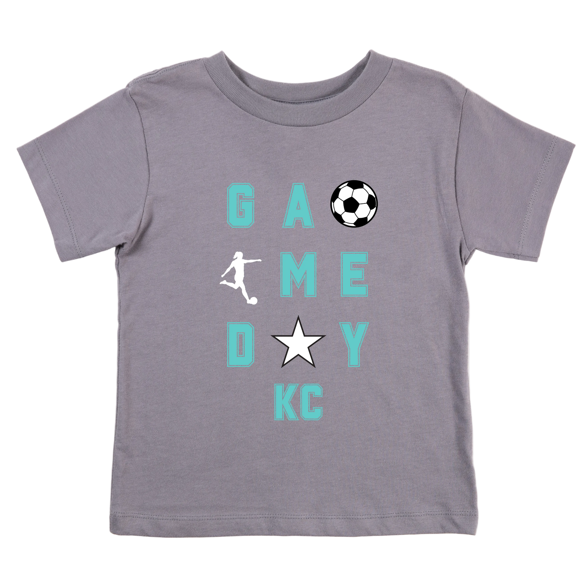 Gray t-shirt with 'Game Day KC' text and soccer ball graphic on a white background