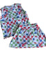 A sleeveless white top and matching skirt set with a colorful soccer-themed patchwork print, laid flat on a brown carpet.