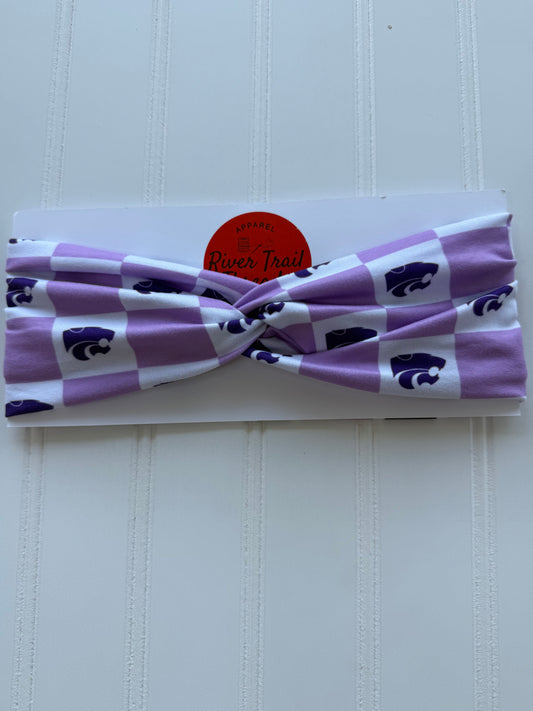 Purple and white checkered headband with a brand label on a light gray background