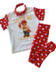 White t-shirt with bear graphic and 'Let's Go Kansas City' text, red pants with white heart patterns, and red headband 
