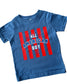 Blue t-shirt with 'All American Boy' text on a tiled floor
