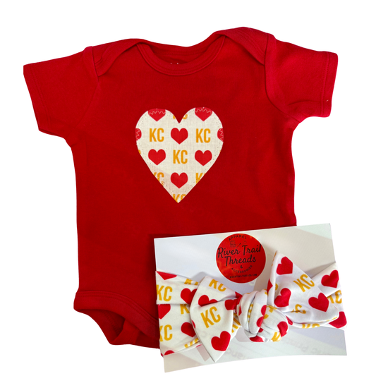 Red Baby bodysuit with white heart, KC letters