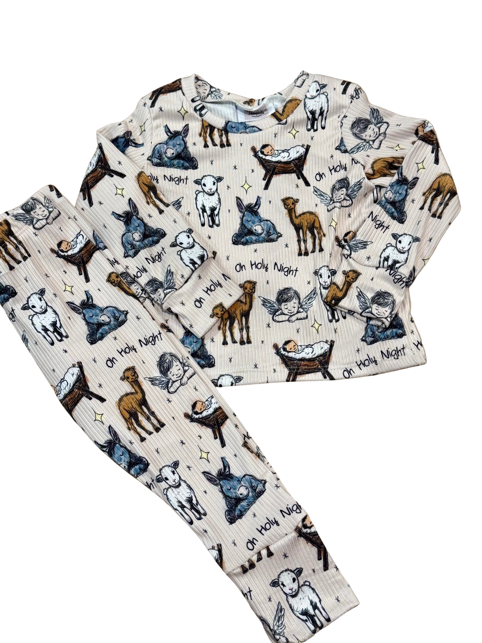 Set of Christmas Pajamas with baby Jesus and nativity animals